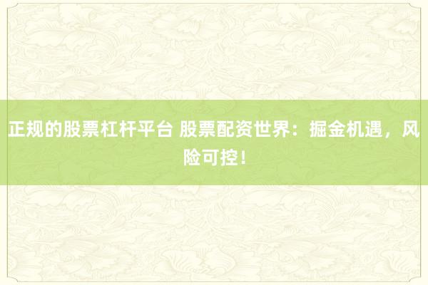 正规的股票杠杆平台 股票配资世界：掘金机遇，风险可控！